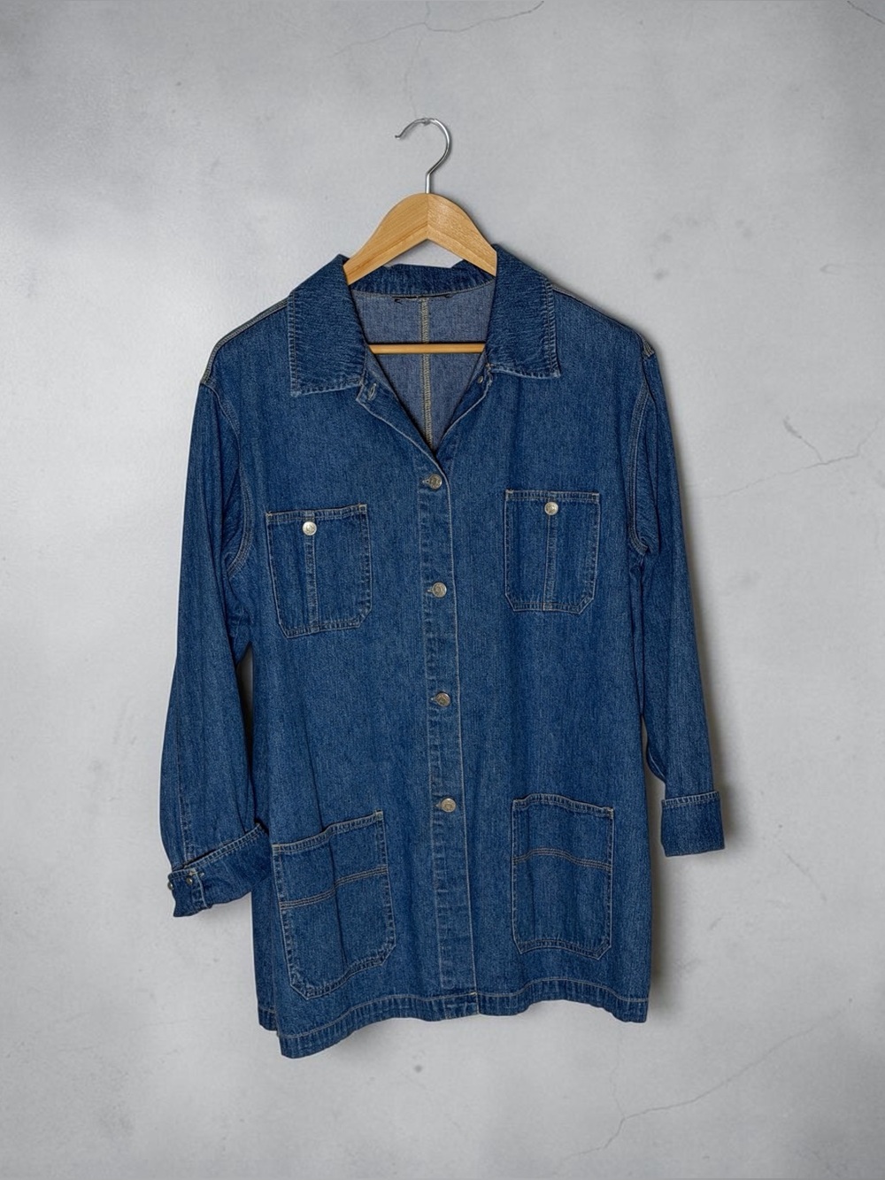 Denim Mid Length Chore Jacket Women’s 4 Pocket Barn Coat Utility Workwear Blue